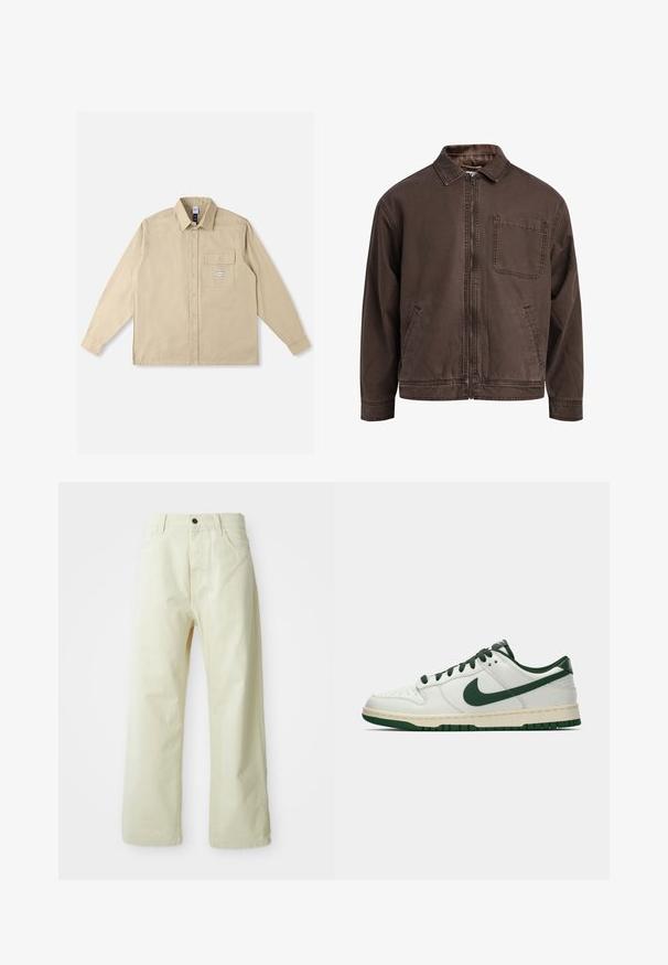 Jachetă maro, cu fermoar, realizată dintr-un material durabil; are guler, mâneci lungi, buzunare frontale și un buzunar pe piept.; Cămașă bej cu mâneci lungi din țesătură de bumbac, cu guler clasic, nasturi în față, un buzunar la piept și o etichetă de marcă pe buzunar.; Pantaloni largi de denim, de culoare galben deschis, cu închidere frontală cu nasture, cinci buzunare și un design drept, simplu.; Adidași albi cu vârf jos, având swoosh-ul Nike în verde închis, șireturile și accentele tălpii, prezentați în profil pe un fundal alb simplu.