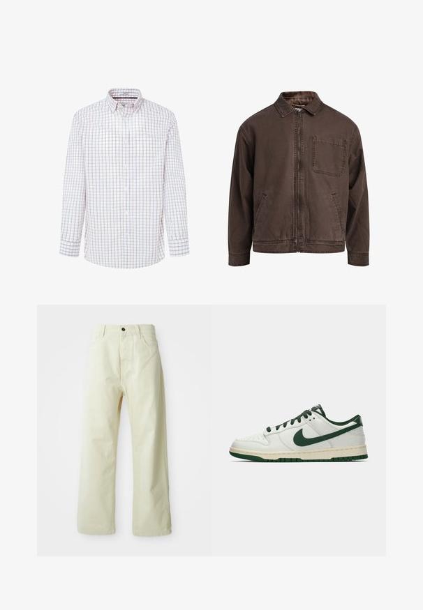 Braune, mit Reißverschluss verschlossene Jacke aus strapazierfähigem Material; sie verfügt über einen Kragen, lange Ärmel, frontale Taschen und eine einzelne Brusttasche.; Weißes Langarmhemd mit einem karierten Muster in Rot und Blau. Button-down-Kragen, vordere Blende mit Knöpfen und geknöpfte Manschetten.; Hellgelbe, weit geschnittene Jeanshose aus Denim mit einem vorderen Knopfverschluss, fünf Taschen und geradlinigem, unaufgeregtem Design.; Weiße Low-Top-Sneaker mit dunkelgrüner Nike-Swoosh, Schnürsenkeln und Akzenten an der Sohle, im Profil auf einem schlichten weißen Hintergrund abgebildet.