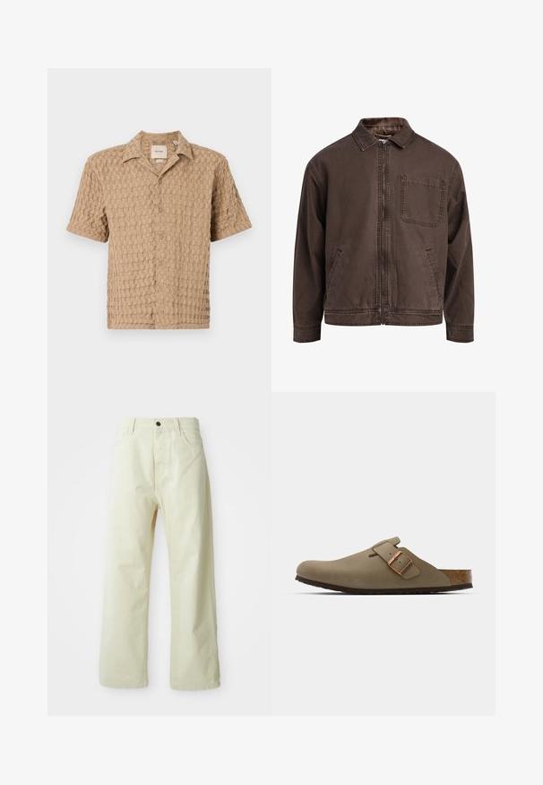 Brūns, ar rāvējslēdzēju aizverams džakers, kas izgatavots no izturīga auduma; tam ir apkakle, garas piedurknes, priekšējās kabatas un viena krūškabata.; Īsām piedurknēm krekls bēšā krāsā ar teksturētu auduma rakstu, pogu aizdare priekšā un apkakle. Mīksta auduma, brīva forma, piemērots ikdienišķai nēsāšanai.; Gai dzelteni, platajām kājām, denima bikses ar priekšējo pogu aizdari, piecām kabatām un taisnu, vienkāršu dizainu.; Brūni klupi ar gludu, matētu apdari. Sānos ir izteikta bronzas sprādze. Korku iekšējā zolīte un gumijas zole nodrošina komfortu.