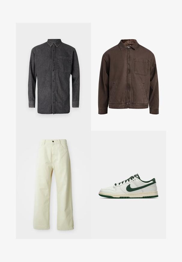 Brun zip-up jakke laget av slitesterkt stoff; har krage, lange ermer, frontlommer og en enkel brystlomme.; Knappskjorte i mørk grå denim, har lange ermer, krage og en brystlomme med en falmet tekstur og kontrasterende sømdetaljer.; Lys gul, vide bukser i denim med en frontknaplukning, fem lommer og en lige, udekoreret design.; Hvit lav sneaker med mørkegrønn Nike swoosh, snøring og såleakkenter, vist i profil mot en enkel hvit bakgrunn.