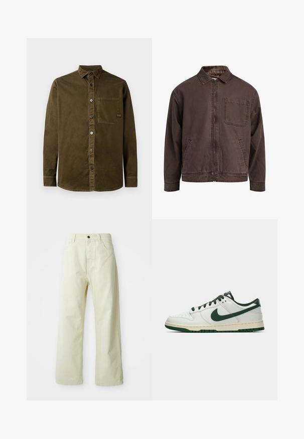 Brązowa, zapinana na zamek kurtka z wytrzymałego materiału; posiada kołnierz, długie rękawy, przednie kieszenie oraz jedną kieszeń na piersi.; Koszula z guzikami w ciemnooliwkowym kolorze, wykonana z bawełny, z wyraźnym kołnierzykiem, pojedynczą kieszenią na piersi oraz okrągłym dołem z subtelnie wykończonymi szwami.; Jasnożółte spodnie z szerokimi nogawkami, wykonane z denimu, z zapięciem na guziki z przodu, pięcioma kieszeniami oraz prostym, nieozdobionym wzorem.; Białe sneakersy niskie z ciemnozielonym logo Nike, sznurowadłami i akcentami na podeszwie, pokazane z profilu na jednolitym białym tle.