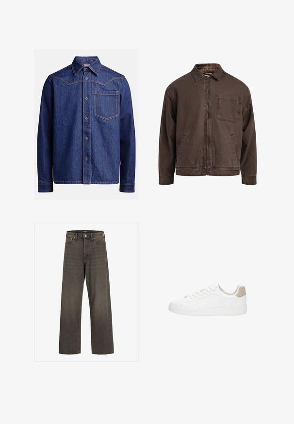 Barna, cipzáras dzseki, tartós anyagból készült; gallérral, hosszú ujjakkal, elülső zsebekkel és egyetlen mellzsebbel rendelkezik.; Sötétkék farmer hosszú ujjú ing hegyes gallérral, gombos elülső résszel, mellzsebbel és kontrasztos narancssárga varrással.; Széles lábú farmernadrág sötétszürke denimből, magas derékkal, klasszikus öt zsebes kialakítással és kontrasztos varrással az illesztések mentén.; Fehér sportcipők sima bőrből készült felsőrészével és kerek orrával. Jellemzője a világosbarna velúr sarkú sapka, lapos fűzők és fehér gumitalp.