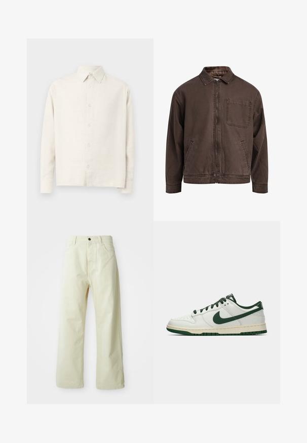 Ruskea, vetoketjullinen takki, joka on valmistettu kestävästä kankaasta; siinä on kaulus, pitkät hihat, etutaskut ja yksi rintatasku.; Harmaan beige pitkähihaisessa paidassa on teksturoitu kangas. Siinä on kauluspainike ja suora helma.; Vaaleankeltaiset, leveälahkeiset farkut, joissa on etunappikiinnitys, viisi taskua ja suora, koristelematon muotoilu.; Valkoiset matalat tennarit, joissa tummanvihreä Nike-swoosh, nauhat ja pohjan korostukset, esitettynä profiilista yksinkertaisella valkoisella taustalla.