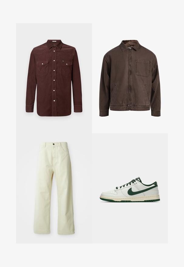 Rudas zip-up švarkas pagamintas iš patvarios medžiagos; turi apykaklę, ilgomis rankovėmis, priekinėmis kišenėmis ir viena krūtinės kišene.; Ilga rankovė šviesiai ruda korduroy marškiniai su spaudinėmis mygtukais, dviem krūtinės kišenėmis su užsegimais ir maža Wrangler logotipu kairėje kišenėje.; Šviesiai geltoni, platūs džinsiniai kelnes su priekiniais mygtukais, penkiais kišenėmis ir tiesia, nepuošta dizainu.; Balti žemi sportbačiai su tamsiai žaliu Nike swoosh, raišteliais ir padu, rodomi šoniniame profilyje ant baltos fono.