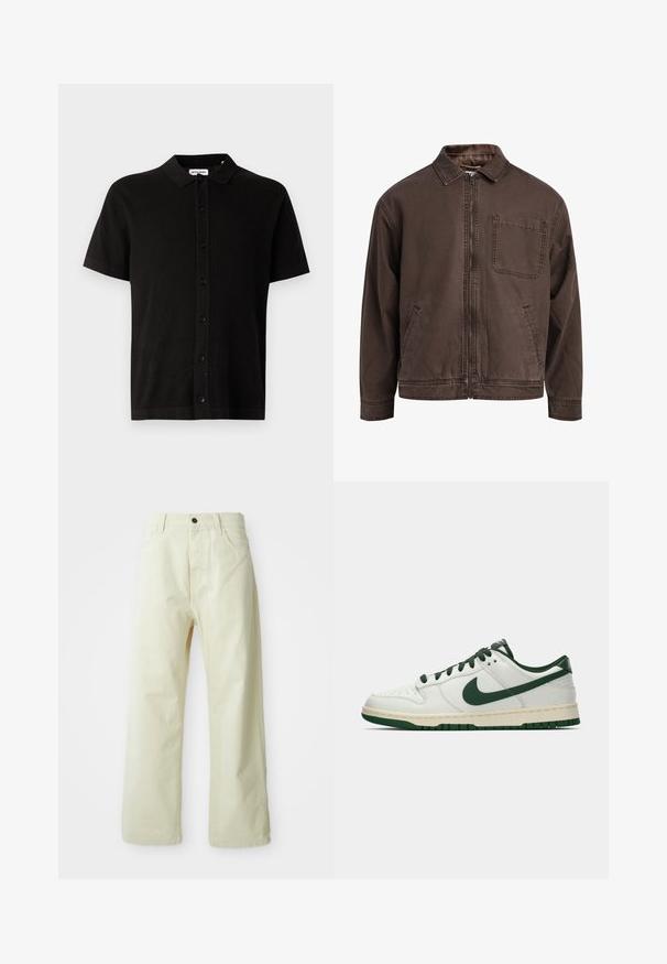 Hnedá bundu na zips vyrobená z odolnej látky; má golier, dlhé rukávy, predné vrecká a jedno vrecko na hrudi.; Krátky rukáv čierne pletené tričko s golierom, predným zapínaním na gombíky a jemným textúrovaným vzorom. Klasický dizajn s uvoľneným strihom.; Svetlo žlté, široké džínsy s predným zapínaním na gombík, piatimi vreckami a rovný, nezdobený dizajn.; Biele nízke tenisky s tmavozeleným Nike swooshom, šnúrkami a akcentmi na podrážke, zobrazené v profile na jednoduchom bielom pozadí.