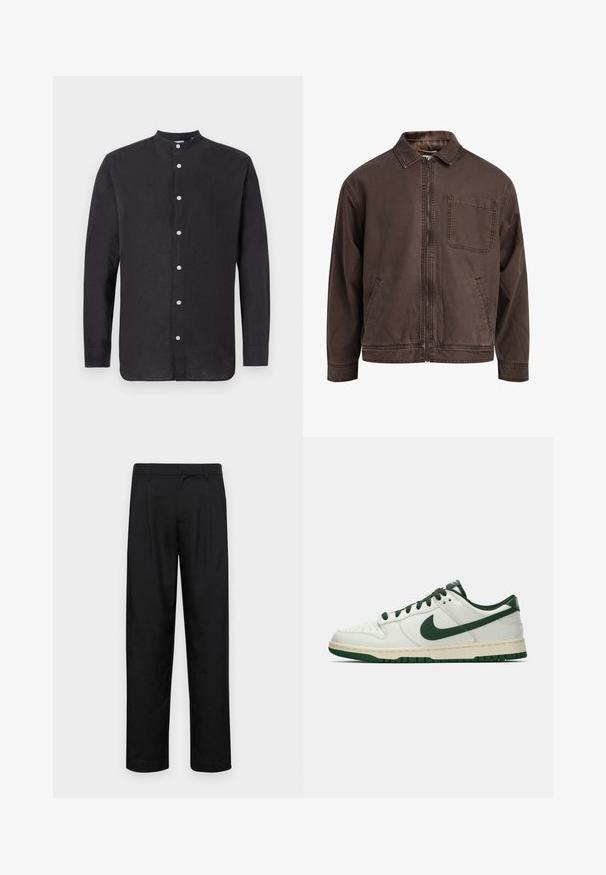 Rudas zip-up švarkas pagamintas iš patvarios medžiagos; turi apykaklę, ilgomis rankovėmis, priekinėmis kišenėmis ir viena krūtinės kišene.; Juodas ilgas rankovėmis marškinėliai, pagaminti iš tekstūruotos medžiagos, su aukštu apykakle ir priekiniais mygtukais. Lygi paviršius su subtiliu blizgesiu.; Juodi kelnių modeliai, pagaminti iš lygios medžiagos, turi tiesią kojas, du priekiniai klostės ir standartinę juosmenį su diržo kilpomis.; Balti žemi sportbačiai su tamsiai žaliu Nike swoosh, raišteliais ir padu, rodomi šoniniame profilyje ant baltos fono.