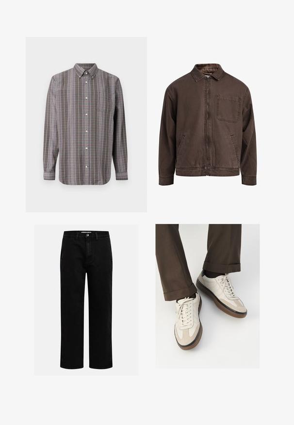 Giacca marrone con zip realizzata in tessuto resistente; presenta un colletto, maniche lunghe, tasche frontali e una tasca sul petto.; Camicia a maniche lunghe con motivo a quadri marrone, bianco, blu e viola e una tasca anteriore su sfondo bianco.; T-shirt in cotone color crema con maniche corte, caratterizzato da un collo rotondo decorato da righe blu navy e bianche. Tessuto liscio, vestibilità comoda.; Pantaloni in denim nero con taglio dritto, design classico a cinque tasche e chiusura con bottone in vita. Tessuto liscio e materiale resistente.; Sneakers beige con una parte anteriore in suede testurizzato, lati in pelle liscia e una suola in gomma marrone. Inclusi lacci e dettagli di cucitura leggera.