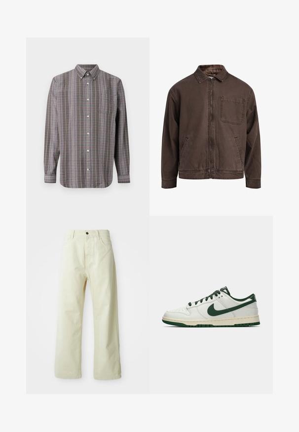 Braune, mit Reißverschluss verschlossene Jacke aus strapazierfähigem Material; sie verfügt über einen Kragen, lange Ärmel, frontale Taschen und eine einzelne Brusttasche.; Langärmliges Hemd mit Knopfleiste im karierte Muster aus Braun, Weiß, Blau und Lila sowie einer Brusttasche auf einem weißen Hintergrund.; Hellgelbe, weit geschnittene Jeanshose aus Denim mit einem vorderen Knopfverschluss, fünf Taschen und geradlinigem, unaufgeregtem Design.; Weiße Low-Top-Sneaker mit dunkelgrüner Nike-Swoosh, Schnürsenkeln und Akzenten an der Sohle, im Profil auf einem schlichten weißen Hintergrund abgebildet.