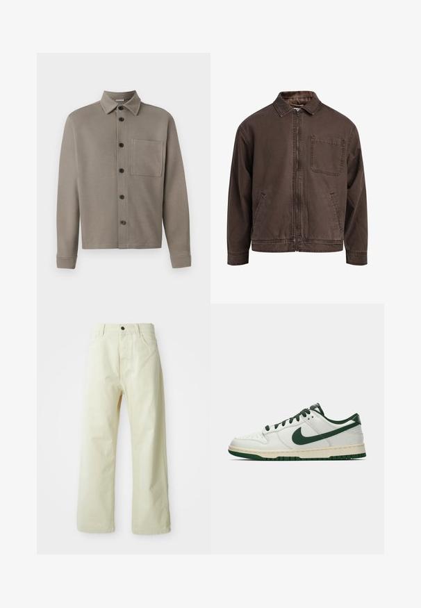 Brun, lynlåsjakke lavet af slidstærkt stof; har en krave, lange ærmer, forlommer og en enkelt brystlomme.; Lys grå skjorte med knaplukning lavet af blødt stof; har spidse kraver, lange ærmer og en enkelt brystlomme. Sorte knapper pryder fronten.; Brun langærmet polo skjorte lavet af struktureret stof. Har en klassisk krave og tre forreste knapper. Almindelig pasform med ribbede manchetter.; Lys gule, brede benbukser lavet af denim, med foran lukning med knap, fem lommer og lige, ubearbejdet design.; Hvide lavtop sneakers med mørkegrøn Nike swoosh, snørebånd og sål accenter, vist i profil på en ensfarvet hvid baggrund.