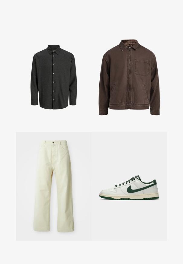 Giacca marrone con zip realizzata in tessuto resistente; presenta un colletto, maniche lunghe, tasche frontali e una tasca sul petto.; Camicia a maniche lunghe a quadri neri e grigi con colletto classico e bottoni bianchi. Tessuto morbido con vestibilità strutturata.; Pantaloni a gamba larga giallo chiaro, realizzati in denim, con chiusura anteriore a bottone, cinque tasche e design dritto e semplice.; Sneaker bianco a bassa cima con swoosh Nike verde scuro, lacci e dettagli della suola, mostrato di profilo su uno sfondo bianco uniforme.