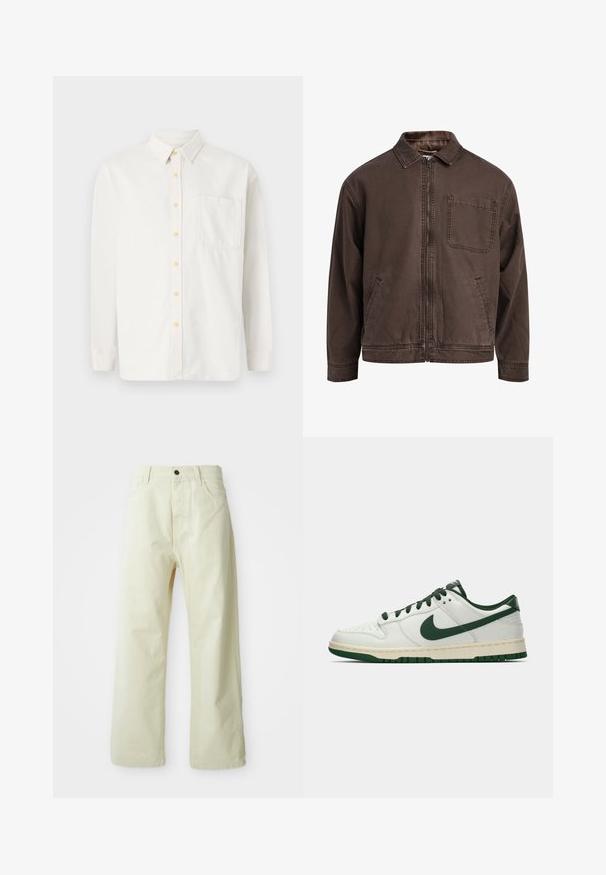 Brązowa, zapinana na zamek kurtka z wytrzymałego materiału; posiada kołnierz, długie rękawy, przednie kieszenie oraz jedną kieszeń na piersi.; Biała koszula z długim rękawem, wykonana z mieszanki bawełny, z kołnierzykiem zapinanym na guziki, żółtymi guzikami i jedną kieszenią na piersi. Klasyczny krój.; Jasnożółte spodnie z szerokimi nogawkami, wykonane z denimu, z zapięciem na guziki z przodu, pięcioma kieszeniami oraz prostym, nieozdobionym wzorem.; Białe sneakersy niskie z ciemnozielonym logo Nike, sznurowadłami i akcentami na podeszwie, pokazane z profilu na jednolitym białym tle.