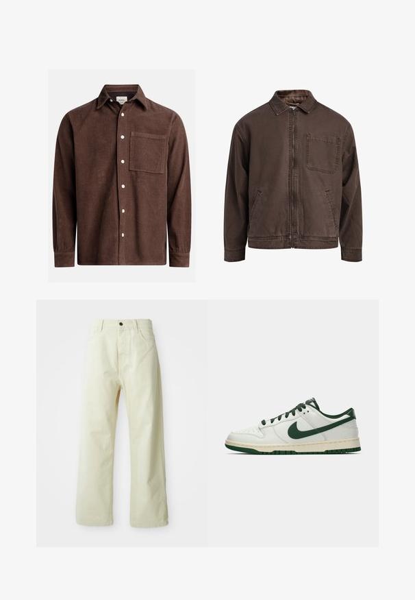 Rjava jakna na zadrgo, izdelana iz vzdržljivega blaga; ima ovratnik, dolge rokave, sprednje žepe in en žep na prsih.; Rjava kordura srajca z odpenjalnim ovratnikom, sprednjim žepom, belimi gumbi in dolgimi rokavi z gumbi na zapestjih. Podrobnosti teksturirane tkanine.; Svetlo rumene, široke hlače iz denima, z zapenjanjem na sprednji gumb, petimi žepi in ravnim, brez dodatkov oblikovanjem.; Beli nizki športni copat z temno zelenim Nike žigom, vezalnimi trakovi in akcenti na podplatu, prikazan v profilu na praznem belem ozadju.