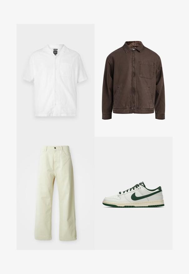 Rjava jakna na zadrgo, izdelana iz vzdržljivega blaga; ima ovratnik, dolge rokave, sprednje žepe in en žep na prsih.; Bela kratka majica s kratkimi rokavi iz lahke tkanine, z gumbom spredaj, s koničastim ovratnikom in žepom na prsih. Minimalističen dizajn.; Svetlo rumene, široke hlače iz denima, z zapenjanjem na sprednji gumb, petimi žepi in ravnim, brez dodatkov oblikovanjem.; Beli nizki športni copat z temno zelenim Nike žigom, vezalnimi trakovi in akcenti na podplatu, prikazan v profilu na praznem belem ozadju.