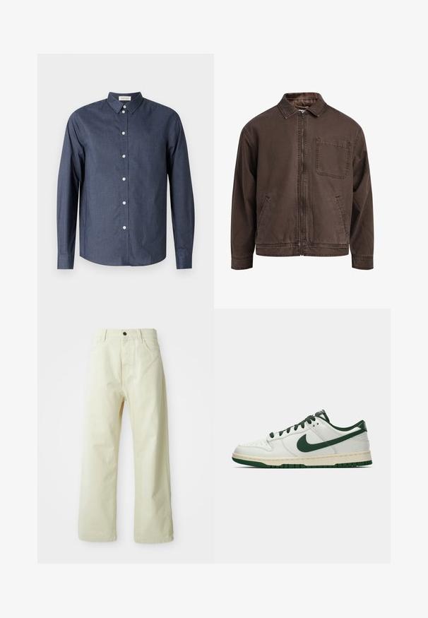 Chaqueta marrón con cremallera hecha de tela duradera; cuenta con un cuello, mangas largas, bolsillos frontales y un único bolsillo en el pecho.; Camisa de botón de manga larga en azul marino, confeccionada en tejido suave; presenta un cuello clásico, botones blancos y un dobladillo curvado.; Pantalones de mezclilla de color amarillo claro y de pierna ancha, con cierre de botón frontal, cinco bolsillos y un diseño recto, sin adornos.; Zapatilla de deporte blanca de caña baja con el swoosh de Nike en verde oscuro, lazadas y acentos en la suela, mostrada de perfil sobre un fondo blanco liso.