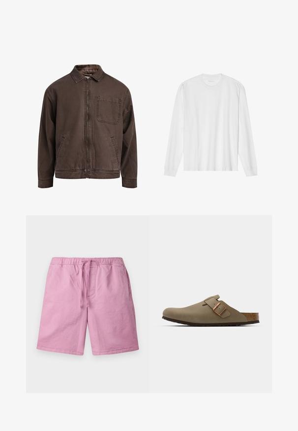 Hnedá bundu na zips vyrobená z odolnej látky; má golier, dlhé rukávy, predné vrecká a jedno vrecko na hrudi.; Dlhý rukáv, biela bavlnená tričko s okrúhlym výstrihom a rebrovanými manžetami. Jednoduchý, bezvýzdobový dizajn s hladkou textúrou a štandardným strihom.; Svetloživé ružové šortky vyrobené z jemného materiálu, s elastickým pásom a šnúrkou na stiahnutie, a bočnými vreckami. Rovný strih nohavíc, bez vzorov.; Hnedé dreváky s hladkým, matným povrchom. Majú výrazná bronzová spona na boku. Korková stielka a gumová podošva pre pohodlie.