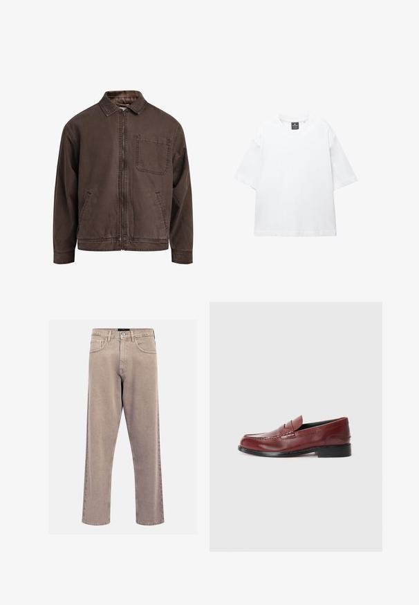 Ruskea, vetoketjullinen takki, joka on valmistettu kestävästä kankaasta; siinä on kaulus, pitkät hihat, etutaskut ja yksi rintatasku.; Valkoinen lyhythihainen T-paita, joka on valmistettu puuvillasta. Paita on pyöreäkauluksinen, väljästi leikattu ja suorahelmainen. Ei kuvioita eikä koristeita.; Vaaleat suorat farkut, jotka on valmistettu denimistä ja joissa on klassinen viiden taskun muotoilu, ommeltuja yksityiskohtia ja siisti helma.; Burgundi nahkakengät, joissa on sileä pinta, koristeellinen ompelu ja pyöristetty nenä. Varustettu matalalla mustalla korolla.