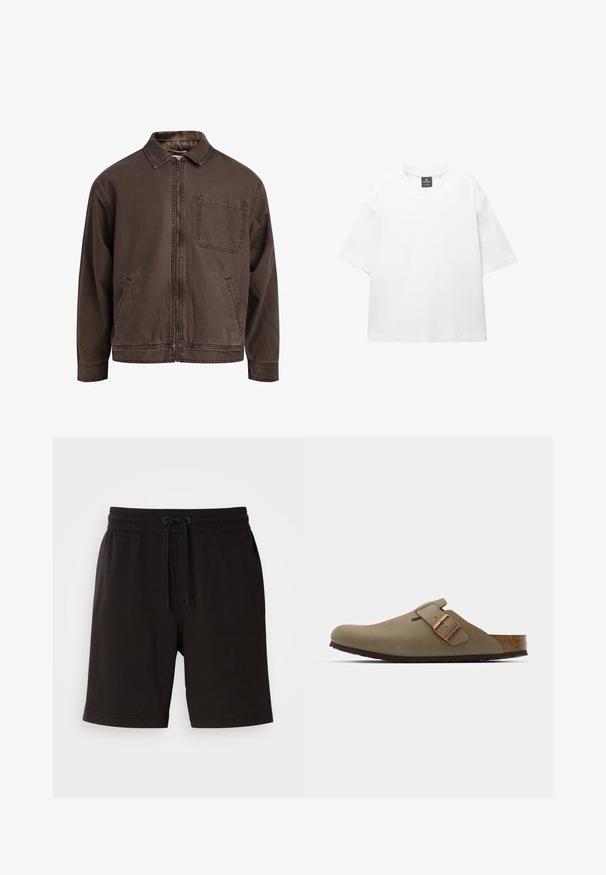 Hnědá bunda na zip vyrobená z odolné látky; má límec, dlouhé rukávy, přední kapsy a jednu kapsu na hrudi.; Bílý krátký rukáv tričko vyrobené z bavlny, s kulatým výstřihem a volným střihem se rovním lemem. Bez vzorů nebo zdobení.; Černé bavlněné šortky s elastickým pasem, detaily se stahovací šňůrkou, bočními kapsami a volným střihem. Hladká textura a délka ke kolenům.; Hnědé dřeváky s hladkým matným povrchem. Na boku mají výraznou bronzovou sponu. Korek a gumová podrážka pro pohodlí.