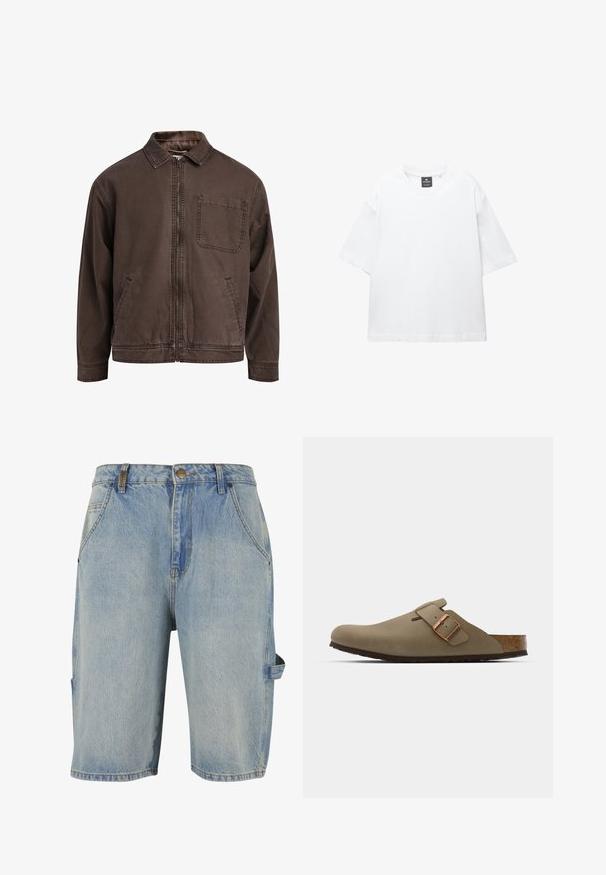 Smeđa jakna na zip od izdržljive tkanine; sadrži ovratnik, duge rukave, prednje džepove i jedan džep na prsima.; Bijela majica kratkih rukava od pamuka, s okruglim izrezom i opuštenim krojem sa ravnim rubom. Bez uzoraka ili ukrasa.; Denim kratke hlače u svijetloplave boje, s klasičnim dizajnom od pet džepova, vidljivim detaljima šivanja i bočnim cargo džepom s petljom.; Smeđi drvenjaci s glatkom, mat površinom. Imaju istaknut brončani kopču s jedne strane. Korkana unutrašnjost i gumeni potplat za udobnost.