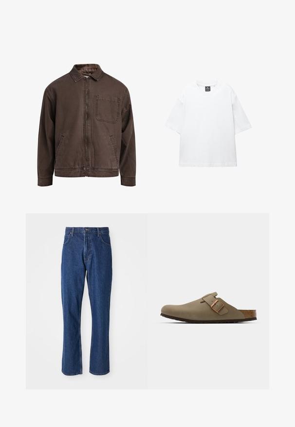 Bruine, ritssluitingjas gemaakt van duurzaam stof; heeft een kraag, lange mouwen, voorzakken en een enkele borstzak.; Witte t-shirt met korte mouwen van katoen, met een ronde hals en een relaxte fit met rechte zoom. Geen patronen of versieringen.; Blauwe denim jeans met een rechte pasvorm, vijf zakken, en een stevige tailleband met een metalen knoopsluiting.; Bruine klompen met een gladde, matte afwerking. Beschikt over een opvallende bronzen gesp aan de zijkant. Korken voetbed en rubberen buitenzool voor comfort.