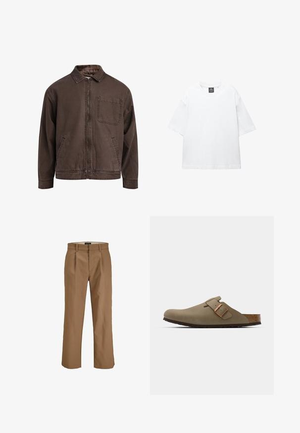 Bruine, ritssluitingjas gemaakt van duurzaam stof; heeft een kraag, lange mouwen, voorzakken en een enkele borstzak.; Witte t-shirt met korte mouwen van katoen, met een ronde hals en een relaxte fit met rechte zoom. Geen patronen of versieringen.; Bruine broek van een gladde stof, met een rechte snit, plooien aan de voorkant en ceintuurlussen. Geen zichtbare patronen of accenten.; Bruine klompen met een gladde, matte afwerking. Beschikt over een opvallende bronzen gesp aan de zijkant. Korken voetbed en rubberen buitenzool voor comfort.