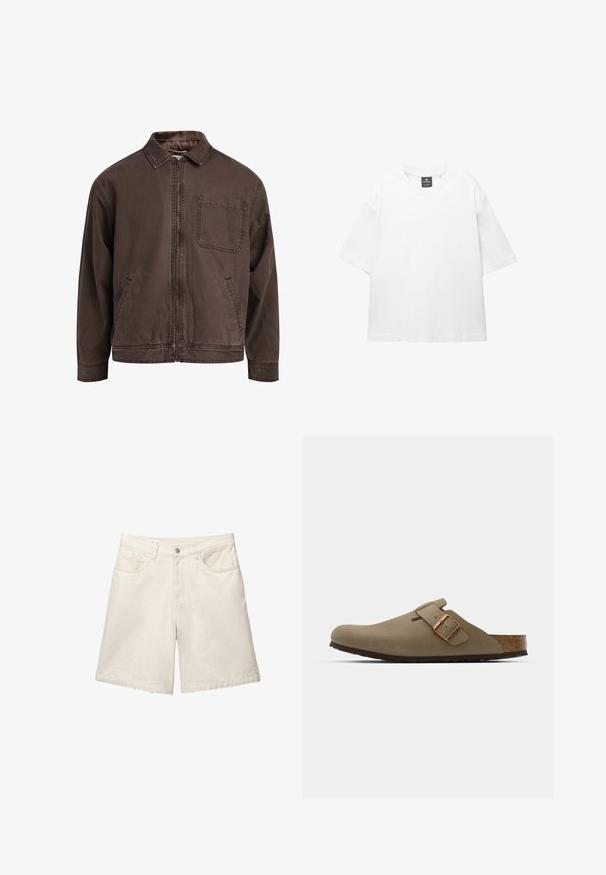 Hnědá bunda na zip vyrobená z odolné látky; má límec, dlouhé rukávy, přední kapsy a jednu kapsu na hrudi.; Bílý krátký rukáv tričko vyrobené z bavlny, s kulatým výstřihem a volným střihem se rovním lemem. Bez vzorů nebo zdobení.; Bežové džínové šortky s volným střihem, designem s pěti kapsami a předním zapínáním na knoflík. Tkanina má jemnou strukturu a čistý lem.; Hnědé dřeváky s hladkým matným povrchem. Na boku mají výraznou bronzovou sponu. Korek a gumová podrážka pro pohodlí.