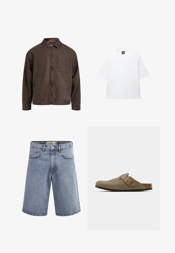 Brun, zip-up jacka gjord av slitstarkt material; har krage, lång ärm, framfickor och en bröstficka.; Vit kortärmad t-shirt i bomull, med rund halsringning och avslappnad passform med rak nederkant. Inga mönster eller dekorationer.; Denimshorts i ljusblått med en urtvättad finish. Har fem fickor, dragkedja och en midjehöjd i normalläge. Dubbel-sydda fållar.; Bruna träklackar med en slät, matt yta. Har en framträdande bronsspänne på sidan. Korkfotbädd och gummisula för komfort.