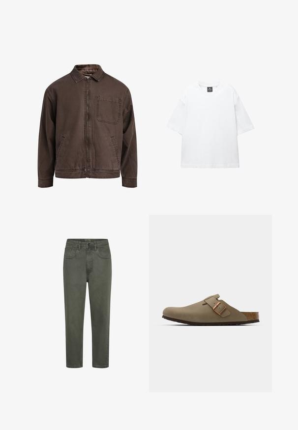 Hnědá bunda na zip vyrobená z odolné látky; má límec, dlouhé rukávy, přední kapsy a jednu kapsu na hrudi.; Bílý krátký rukáv tričko vyrobené z bavlny, s kulatým výstřihem a volným střihem se rovním lemem. Bez vzorů nebo zdobení.; Zelené bavlněné chinos kalhoty s rovnou siluetou, vybavené poutky na opasek, předními kapsami a knoflíkovým zapínáním. Hladká textura s minimem švů.; Hnědé dřeváky s hladkým matným povrchem. Na boku mají výraznou bronzovou sponu. Korek a gumová podrážka pro pohodlí.
