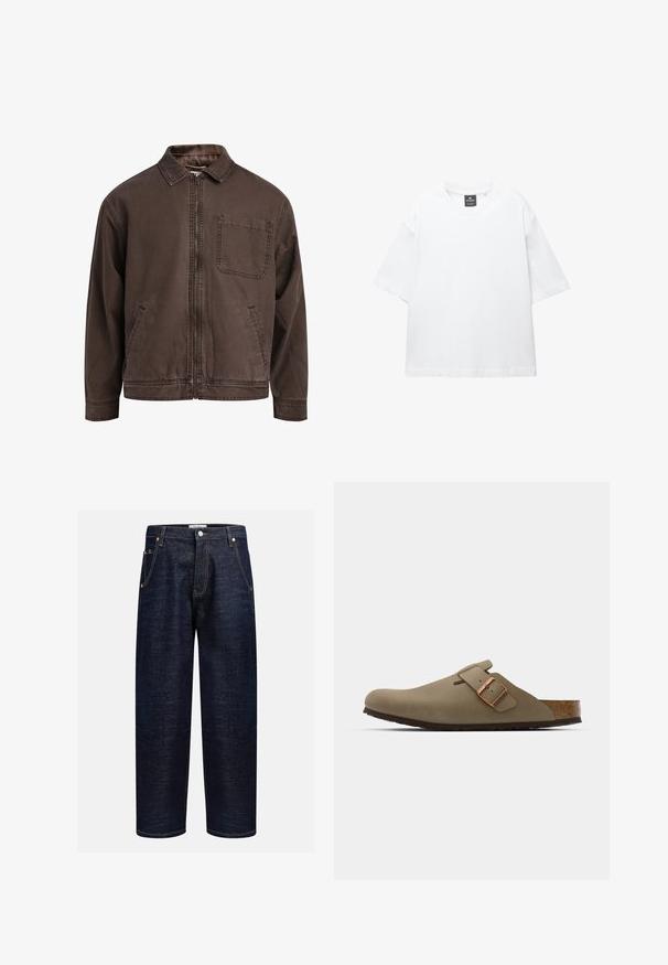 Barna, cipzáras dzseki, tartós anyagból készült; gallérral, hosszú ujjakkal, elülső zsebekkel és egyetlen mellzsebbel rendelkezik.; Fehér, rövid ujjú póló, pamutból készült, kerek nyakkivágással és laza, egyenes szabással. Nincsenek minták vagy díszítések.; Sötét farmernadrág egyenes szabással, öt zsebbel, réz szegecsekkel és eltérő varrással az illesztéseknél.; Barna klumpák sima, matt felülettel. Az oldalon egy kiemelkedő bronz csat található. Parafa talpbetét és gumi talp a kényelem érdekében.