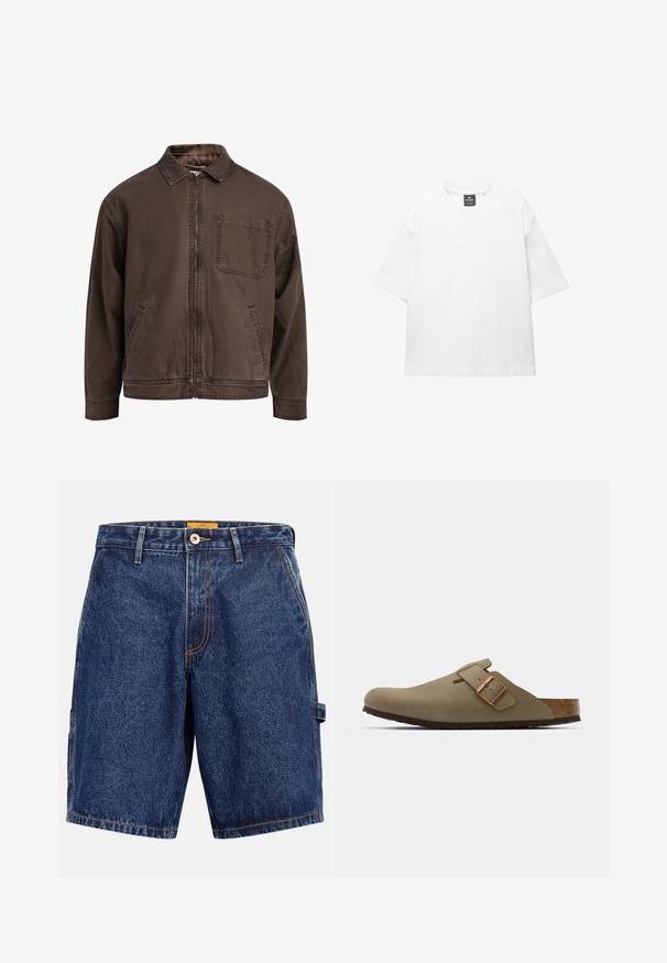 Bruine, ritssluitingjas gemaakt van duurzaam stof; heeft een kraag, lange mouwen, voorzakken en een enkele borstzak.; Witte t-shirt met korte mouwen van katoen, met een ronde hals en een relaxte fit met rechte zoom. Geen patronen of versieringen.; Donkere blauwe denimshorts met lichte stiksels, voorzien van een knoopsluiting aan de voorkant, riemlussen en een cargozak aan de linkerkant.; Bruine klompen met een gladde, matte afwerking. Beschikt over een opvallende bronzen gesp aan de zijkant. Korken voetbed en rubberen buitenzool voor comfort.