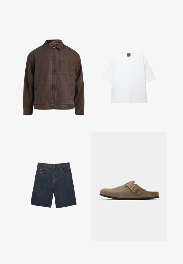 Giacca marrone con zip realizzata in tessuto resistente; presenta un colletto, maniche lunghe, tasche frontali e una tasca sul petto.; T-shirt bianco a maniche corte in cotone, con scollatura rotonda e vestibilità rilassata con orlo dritto. Nessun motivo o decorazione.; Shorts in denim blu scuro, con un classico design a cinque tasche, passanti per cintura e chiusura con bottone; tessuto testurizzato con leggera scoloritura.; Zoccoli marroni con una finitura liscia opaca. Presentano una borsa in bronzo prominente sul lato. Sottopiede in sughero e suola in gomma per il comfort.