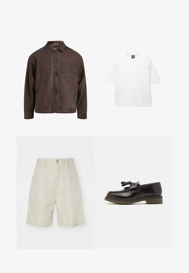 Brun, lynlåsjakke lavet af slidstærkt stof; har en krave, lange ærmer, forlommer og en enkelt brystlomme.; Hvid kortærmet T-shirt lavet af bomuld, med rund halsudskæring og løs pasform med lige kant. Ingen mønstre eller udsmykninger.; Linnedet shorts i lys beige med høj talje, knaplukning og sidelommer. Glat tekstur med en afslappet pasform.; Brune læder loafers med et vævet design, frynse-detalje og en flad gummisål. Har en glat finish og kontrasterende syninger.