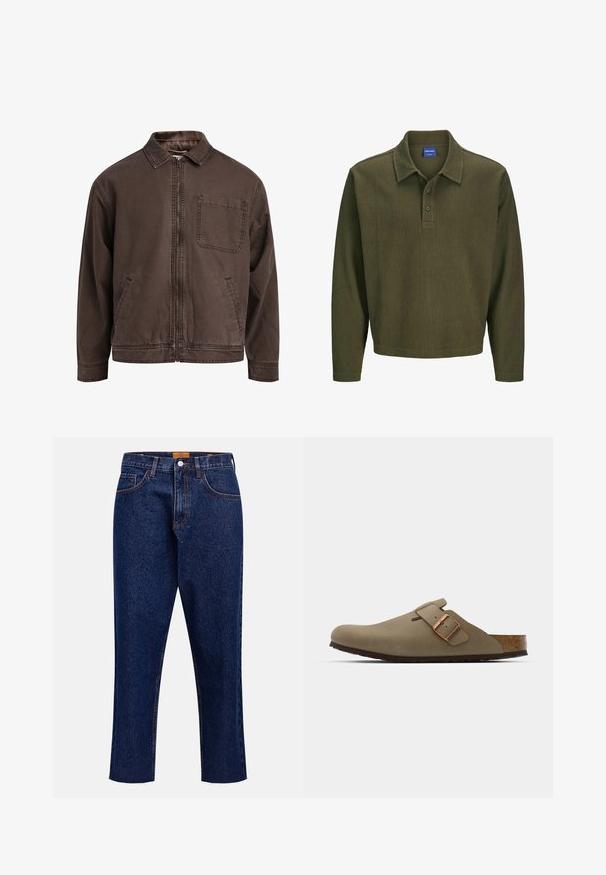 Brown, zip-up jacket made of durable fabric; features a collar, long sleeves, front pockets, and a single chest pocket.; Olive green long-sleeve polo shirt made from textured fabric. Features a collar, three-button placket, and a relaxed fit.; Dark blue denim jeans with a straight cut, high waist, five pockets, and frayed hem. Contrast stitching and button closure detail.; Brown clogs with a smooth, matte finish. Features a prominent bronze buckle on the side. Cork footbed and rubber outsole for comfort.