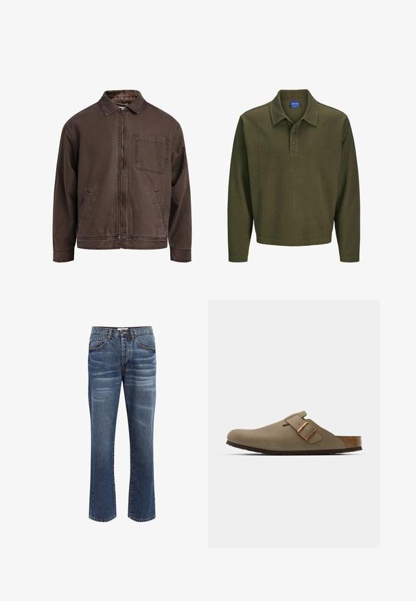 Giacca marrone con zip realizzata in tessuto resistente; presenta un colletto, maniche lunghe, tasche frontali e una tasca sul petto.; Polo a maniche lunghe verde oliva realizzato in tessuto texturizzato. Presenta un colletto, una chiusura a tre bottoni e una vestibilità rilassata.; Jeans in denim di colore blu scuro con una leggera sbiaditura. Presentano un design a cinque tasche, chiusura a bottone e dettagli cuciti lungo i bordi.; Zoccoli marroni con una finitura liscia opaca. Presentano una borsa in bronzo prominente sul lato. Sottopiede in sughero e suola in gomma per il comfort.