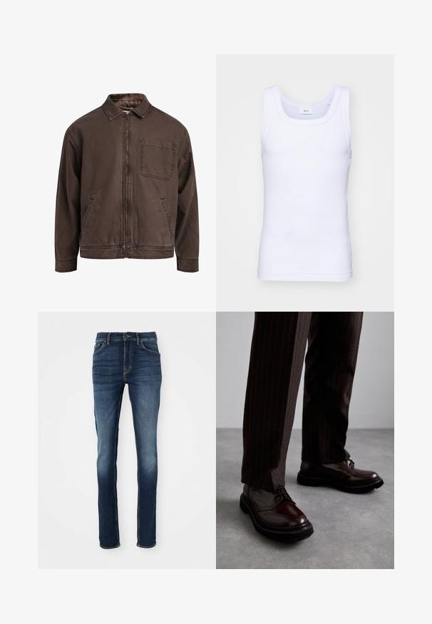 Hnědá bunda na zip vyrobená z odolné látky; má límec, dlouhé rukávy, přední kapsy a jednu kapsu na hrudi.; Bílé bavlněné tílko bez rukávů s kulatým výstřihem, s hladkou texturou a přiléhavým střihem, navržené pro volnočasové nošení.; Tmavě modré džíny s úzkým střihem, které mají pět kapes, zlaté prošívání a mírně vybledlý přední díl pro neformální vzhled.; Hnědé kožené šněrovací boty s lesklým povrchem, černou gumovou podrážkou a jemným štepováním. Nosené s hnědými pruhovanými kalhotami.