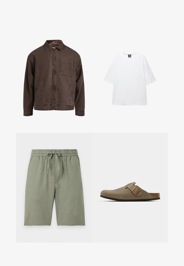 Brown, zip-up jacket made of durable fabric; features a collar, long sleeves, front pockets, and a single chest pocket.; White oversized t-shirt with short sleeves, round neckline, and soft cotton fabric. Features a black label at the neck. No patterns or accents.; Light green cotton shorts with an elastic waistband and adjustable drawstring. Features side pockets and a knee-length cut.; Brown clogs with a smooth, matte finish. Features a prominent bronze buckle on the side. Cork footbed and rubber outsole for comfort.