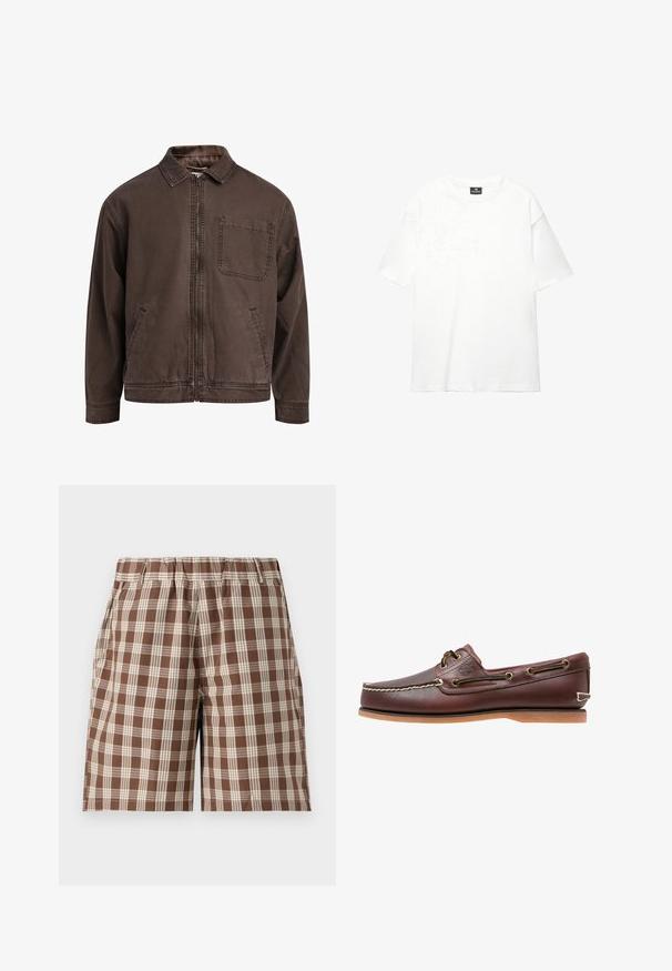 Hnedá bundu na zips vyrobená z odolnej látky; má golier, dlhé rukávy, predné vrecká a jedno vrecko na hrudi.; Biela oversize tričko vyrobené z jemnej, hladkej bavlny; má krátke rukávy, okrúhly výstrih a čistý, neupravený dizajn.; Hnedé kockované šortky s elastickým pásom, s jemným béžovým vzorom a bočnými vreckami. Vyrobené z ľahkej látky.; Hnedé kožené lodné topánky s bielym prešitím, hnedými šnúrami a svetlohnedou gumovou podrážkou. Na boku sa nachádza logo a kovové očká na šnúrky.