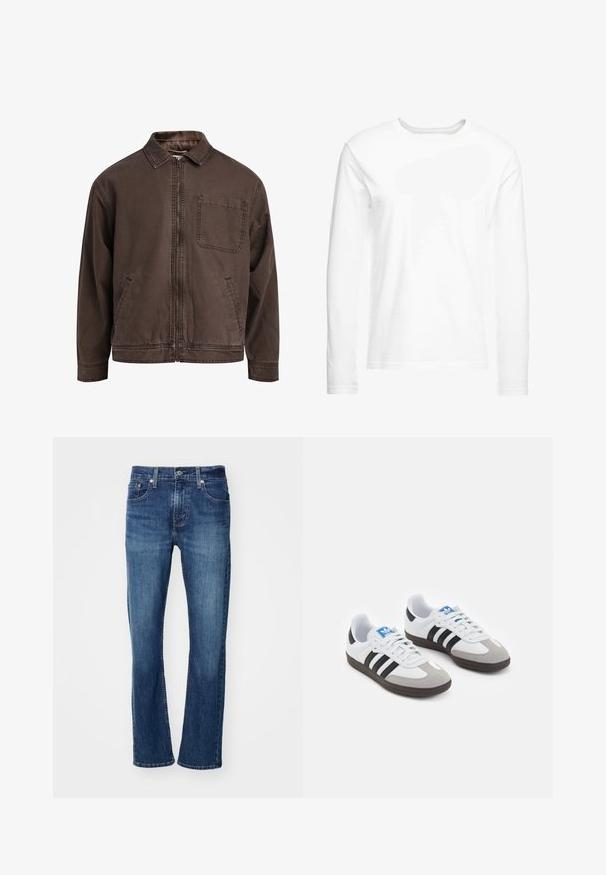 Veste brune zippée en tissu durable ; elle est dotée d'un col, de manches longues, de poches avant et d'une poche poitrine.; T-shirt blanc à manches longues en coton doux. Encolure ronde avec des ourlets droits et sans motifs ni graphiques visibles.; Levi's® 502™ TAPER - Jeans fuselé - records on; Baskets avec une tige en cuir blanc, un bout en daim gris et trois bandes noires. Présente un logo bleu sur la languette et une semelle en caoutchouc texturée.