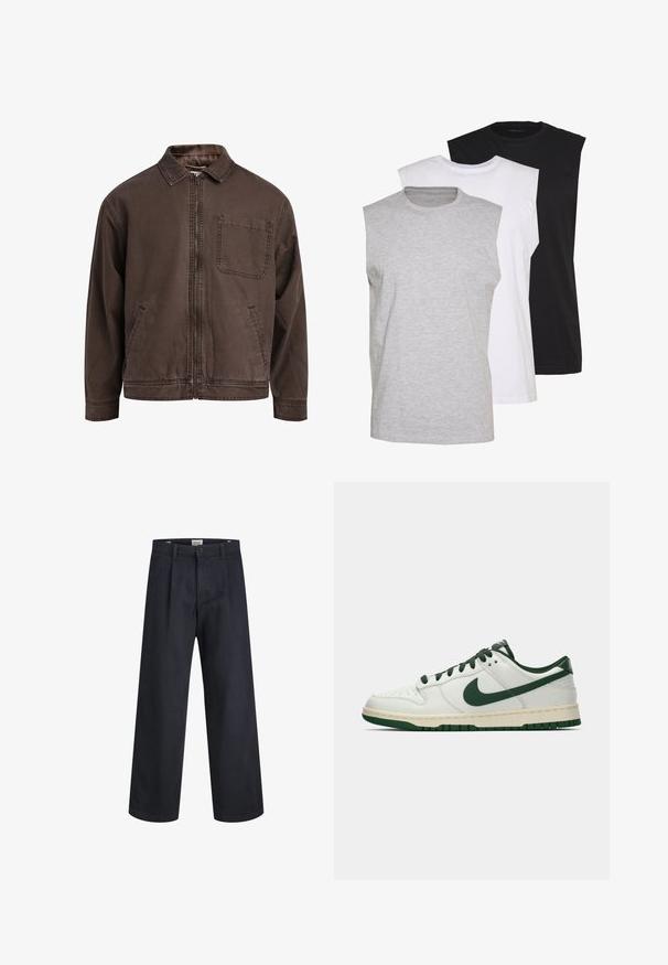 Brūns, ar rāvējslēdzēju aizverams džakers, kas izgatavots no izturīga auduma; tam ir apkakle, garas piedurknes, priekšējās kabatas un viena krūškabata.; Trīs bezpiedurkņu T-krekli pelēkā, baltā un melnā krāsā. Mīksts kokvilnas materiāls ar apaļu kakla izgriezumu un brīvu piegriezumu. Vienkāršs dizains, bez rakstiem.; Tumši zili platīri bikses, izgatavotas no austa auduma, ar pogu aizdari un krokotu priekšpusi. Gluda tekstūra, bez redzamām izdrukām.; Balti zemāko tenisa apavu ar tumši zaļu Nike swoosh, auklām un zoles akcentiem, parādīti profila skatījumā uz vienkrāsaina baltā fona.