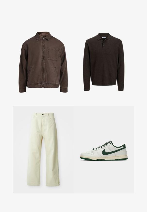 Jacket castanho, com fecho éclair, feito de tecido durável; possui colarinho, mangas longas, bolsos frontais e um único bolso no peito.; Camisa polo de manga longa castanha, feita de tecido texturizado. Apresenta um colarinho clássico e três botões à frente. Ajuste casual com punhos canelados.; Calças largas de denim amarelo-claro, com fecho frontal por botão, cinco bolsos e um design straight sem adornos.; Sapatilha baixa branca com swoosh da Nike em verde escuro, atacadores e acentos do solado, mostrada em perfil sobre um fundo branco simples.