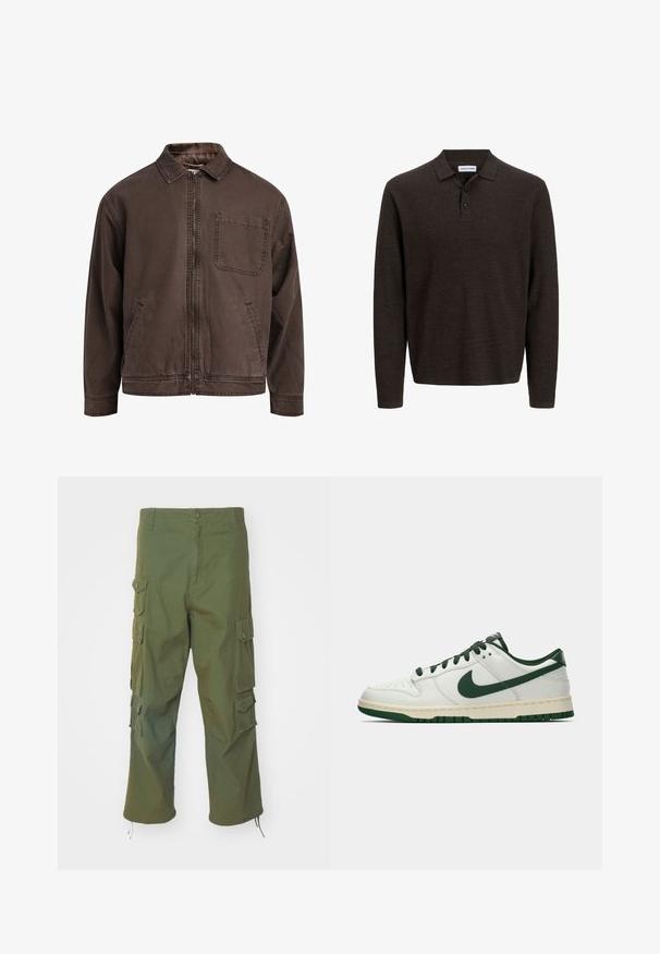 Ruskea, vetoketjullinen takki, joka on valmistettu kestävästä kankaasta; siinä on kaulus, pitkät hihat, etutaskut ja yksi rintatasku.; Ruskea pitkähihainen poolopaita, joka on valmistettu teksturoidusta materiaalista. Ominaisuuksiin kuuluu klassinen kaulus ja kolme etunappia. Rennon mallinen, jossa on ribattu hihansuu.; Oliivinvihreät cargo-housut, jotka on valmistettu puuvillasta. Ne sisältävät sivutaskut, nappikiinnityksen, suoran istuvuuden ja säädettävät helmavälikkeet, jotta pituutta voi muokata.; Valkoiset matalat tennarit, joissa tummanvihreä Nike-swoosh, nauhat ja pohjan korostukset, esitettynä profiilista yksinkertaisella valkoisella taustalla.