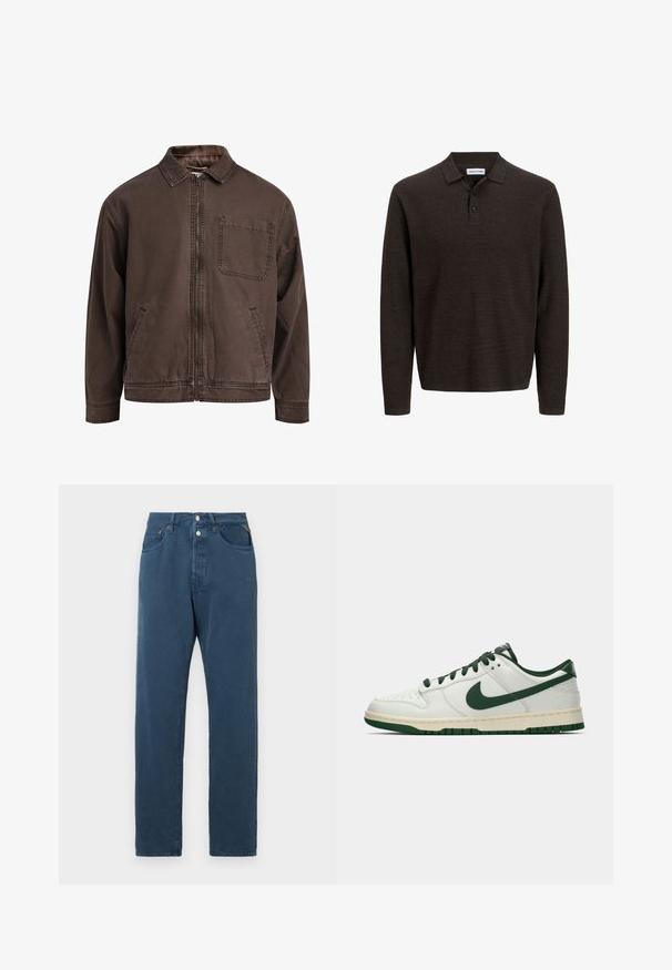 Ruskea, vetoketjullinen takki, joka on valmistettu kestävästä kankaasta; siinä on kaulus, pitkät hihat, etutaskut ja yksi rintatasku.; Ruskea pitkähihainen poolopaita, joka on valmistettu teksturoidusta materiaalista. Ominaisuuksiin kuuluu klassinen kaulus ja kolme etunappia. Rennon mallinen, jossa on ribattu hihansuu.; Siniset farkut suoraan leikkauksella, joissa on korkea vyötärö, kaksi etutaskua ja nappikiinnitys. Kangas näyttää sileältä ja yksinkertaiselta.; Valkoiset matalat tennarit, joissa tummanvihreä Nike-swoosh, nauhat ja pohjan korostukset, esitettynä profiilista yksinkertaisella valkoisella taustalla.