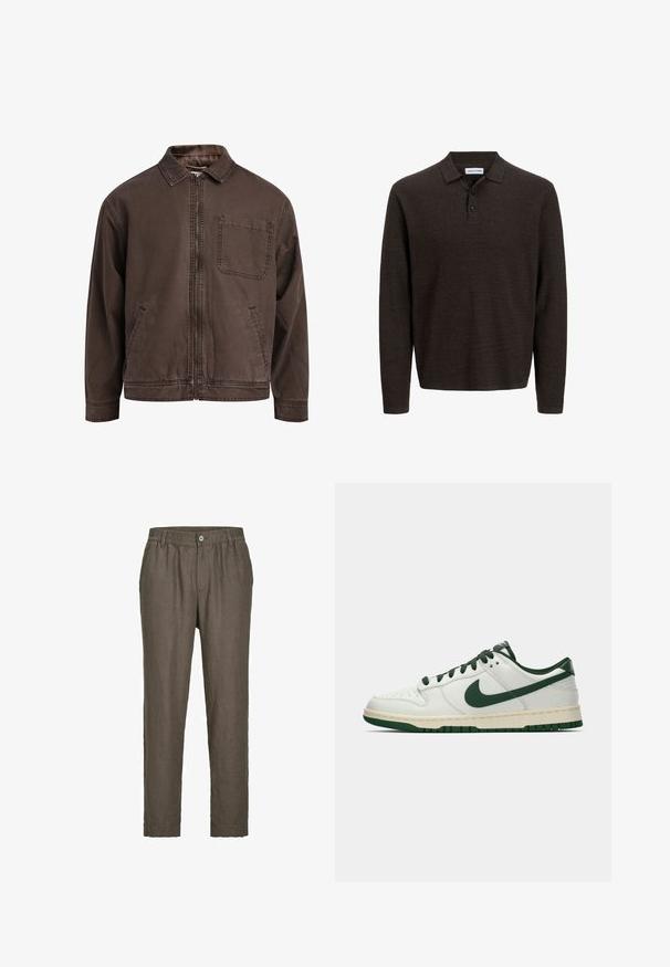 Brun, lynlåsjakke lavet af slidstærkt stof; har en krave, lange ærmer, forlommer og en enkelt brystlomme.; Brun langærmet polo skjorte lavet af struktureret stof. Har en klassisk krave og tre forreste knapper. Almindelig pasform med ribbede manchetter.; Jack & Jones JPSTKARL LAWRENCE - Bukser - dark brown; Hvide lavtop sneakers med mørkegrøn Nike swoosh, snørebånd og sål accenter, vist i profil på en ensfarvet hvid baggrund.