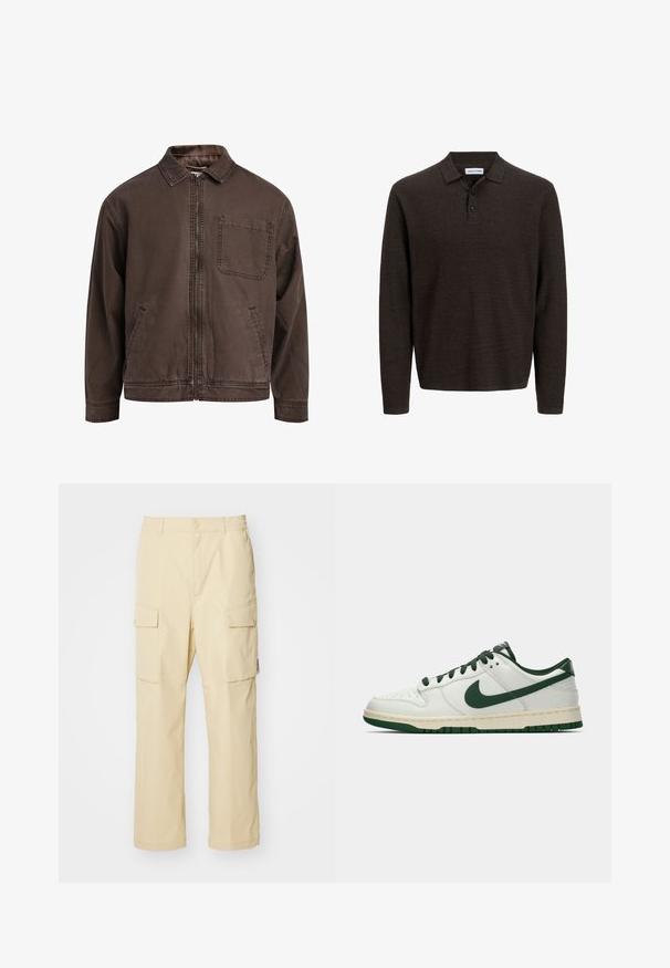 Pruun, lukuga jakk, mis on valmistatud vastupidavast kangast; sisaldab kraed, pikki varrukaid, eespool taskuid ja ühte rinna taskut.; Pruun pikaa varrukatega polo särk, mis on valmistatud tekstureeritud kangast. Omab klassikalist krae ja kolme nööbi esiosas. Üksikasjalikult kaeluse ja ribastatud mansettidega. Casual sobivus.; Bežid värviga cargo püksid, mis on valmistatud elastse vöökohtaga kangast ja nupuga kinnitusega. Omavad kahte küljetaskut ja lihtsat disaini.; Valge madalate tossudega, millel on tumeroheline Nike Swoosh, paelad ja tallakatted, esitatud külgmises vaates ühtlasel valgel taustal.