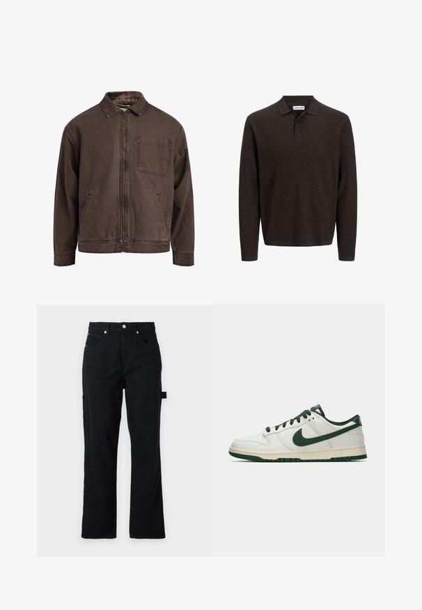 Rudas zip-up švarkas pagamintas iš patvarios medžiagos; turi apykaklę, ilgomis rankovėmis, priekinėmis kišenėmis ir viena krūtinės kišene.; Rudas ilgas rankovės polo marškinėliai, pagaminti iš tekstūruoto audinio. Su klasikinio tipo apykakle ir trimis į priekį užsegamais mygtukais. Atsipalaidavęs siluetas su gumuotomis rankovėmis.; Juodos džinsinės kelnės su tiesiu kirpimu, priekinėmis kišenėmis ir galinėmis pleišto kišenėmis. Papuoštos sidabriniais detalėmis ir šoniniu kilpu pragmatiškumui.; Balti žemi sportbačiai su tamsiai žaliu Nike swoosh, raišteliais ir padu, rodomi šoniniame profilyje ant baltos fono.