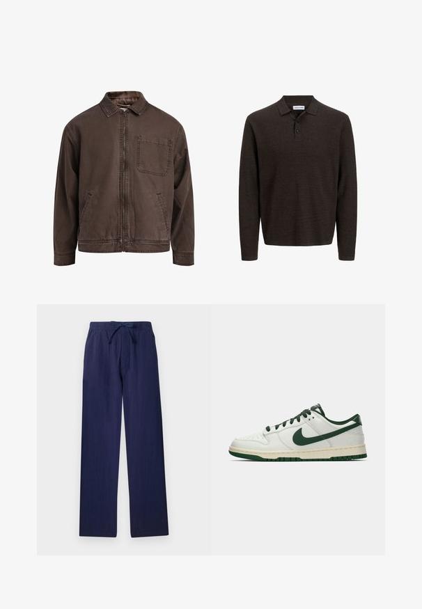 Brown, zip-up jacket made of durable fabric; features a collar, long sleeves, front pockets, and a single chest pocket.; Brown long-sleeve polo shirt made of textured fabric. Features a classic collar and three front buttons. Casual fit with ribbed cuffs.; Navy blue, wide-leg pants made from lightweight fabric. Features an elastic waistband with drawstring and side pockets. Smooth texture.; White low-top sneaker with dark green Nike swoosh, laces, and sole accents, shown in profile on a plain white background.