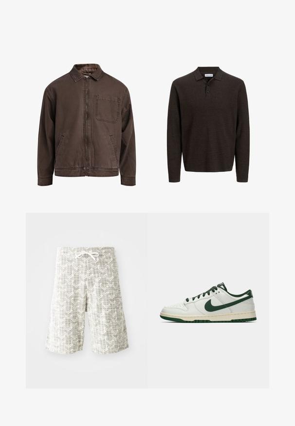 Jachetă maro, cu fermoar, realizată dintr-un material durabil; are guler, mâneci lungi, buzunare frontale și un buzunar pe piept.; Polo de culoare marron, cu mânecă lungă, realizat dintr-un material texturat. Dispune de un guler clasic și trei butoane frontale. Croială lejeră, cu manșete din tricot.; Pantaloni scurți ușori din țesătură țesută, cu un model geometric gri și alb, talie elastică cu șnur și croială lejera.; Adidași albi cu vârf jos, având swoosh-ul Nike în verde închis, șireturile și accentele tălpii, prezentați în profil pe un fundal alb simplu.
