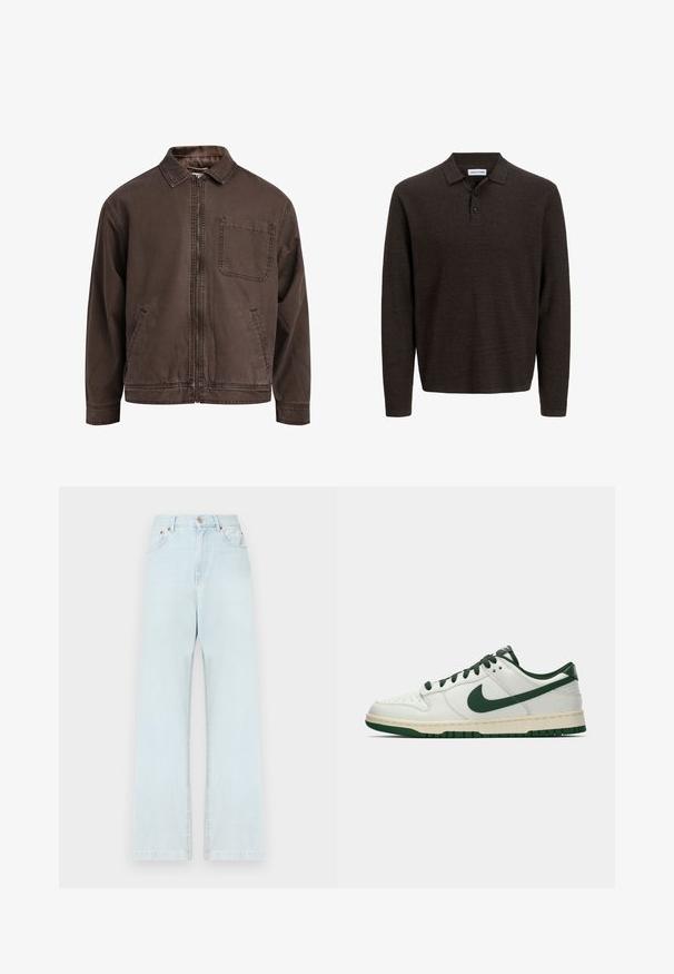 Giacca marrone con zip realizzata in tessuto resistente; presenta un colletto, maniche lunghe, tasche frontali e una tasca sul petto.; Polo a manica lunga marrone realizzato in tessuto textured. Presenta un colletto classico e tre bottoni frontali. Vestibilità casual con polsini a costine.; Jeans in denim blu chiaro con una silhouette dritta, cinque tasche, chiusura con bottone e dettagli di cucitura minimi.; Sneaker bianco a bassa cima con swoosh Nike verde scuro, lacci e dettagli della suola, mostrato di profilo su uno sfondo bianco uniforme.