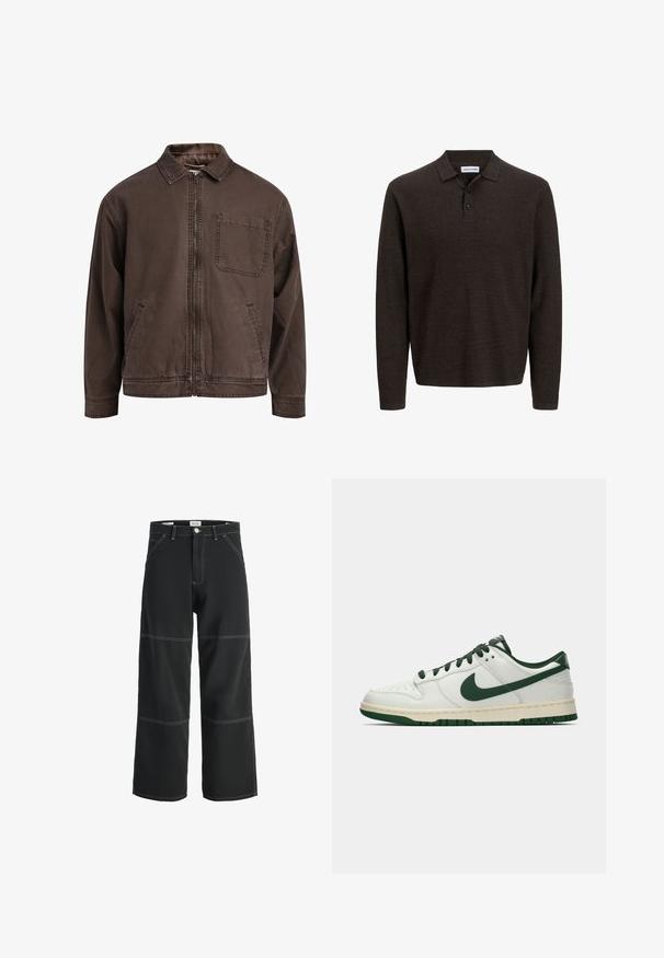 Hnědá bunda na zip vyrobená z odolné látky; má límec, dlouhé rukávy, přední kapsy a jednu kapsu na hrudi.; Hnědá polokošile s dlouhým rukávem vyrobená z texturované tkaniny. Má klasický límec a tři přední knoflíky. Uvolněný střih s žebrovanými manžetami.; Černé široké kalhoty vyrobené z odolné tkaniny, s kontrastním bílým prošíváním, dvěma předními kapsami a zapínáním na jeden knoflík v pase.; Bílé nízké tenisky s tmavě zeleným logem Nike, tkaničkami a akcenty podešve, zobrazené v profilu na čistě bílém pozadí.