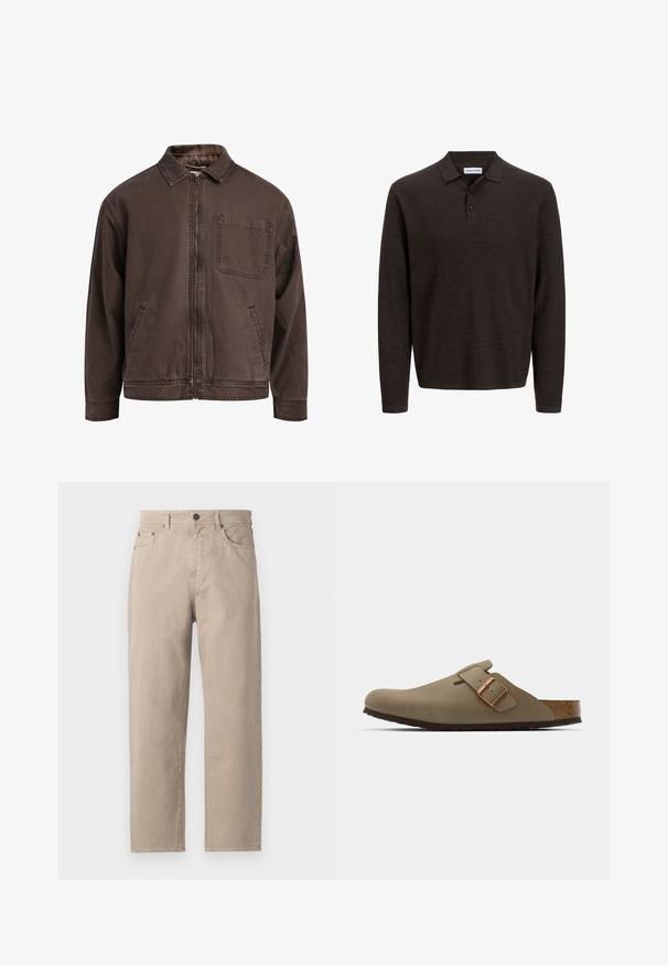 Hnedá bundu na zips vyrobená z odolnej látky; má golier, dlhé rukávy, predné vrecká a jedno vrecko na hrudi.; Hnedá polo košeľa s dlhým rukávom vyrobená z textúrovanej látky. Má klasický golier a tri predné gombíky. Voľný strih s rebrovanými manžetami.; Béžové bavlnené nohavice so strihom rovného nohavice, s gombíkovým zapínaním, piatimi vreckami a jemnými detailmi šitia. Hladká textúra.; Hnedé dreváky s hladkým, matným povrchom. Majú výrazná bronzová spona na boku. Korková stielka a gumová podošva pre pohodlie.