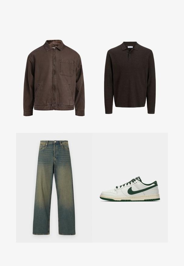 Jacket castanho, com fecho éclair, feito de tecido durável; possui colarinho, mangas longas, bolsos frontais e um único bolso no peito.; Camisa polo de manga longa castanha, feita de tecido texturizado. Apresenta um colarinho clássico e três botões à frente. Ajuste casual com punhos canelados.; Jeans de perna larga em denim azul desbotado. Apresenta uma cintura alta, design de cinco bolsos, fecho de botão metálico e detalhes de costura visíveis.; Sapatilha baixa branca com swoosh da Nike em verde escuro, atacadores e acentos do solado, mostrada em perfil sobre um fundo branco simples.